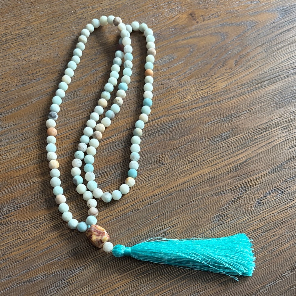 Mala Turquoise and Cream 108 Beaded Necklace with Tassel